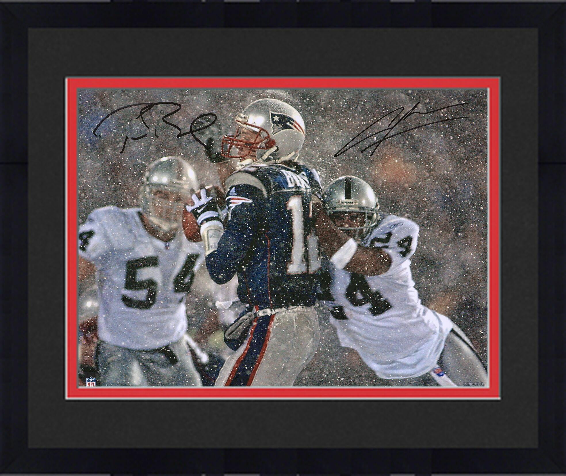Framed Tom Brady & Charles Woodson Autographed 16" x 20" Tuck Game Photograph - Fanatics Authentic Certified