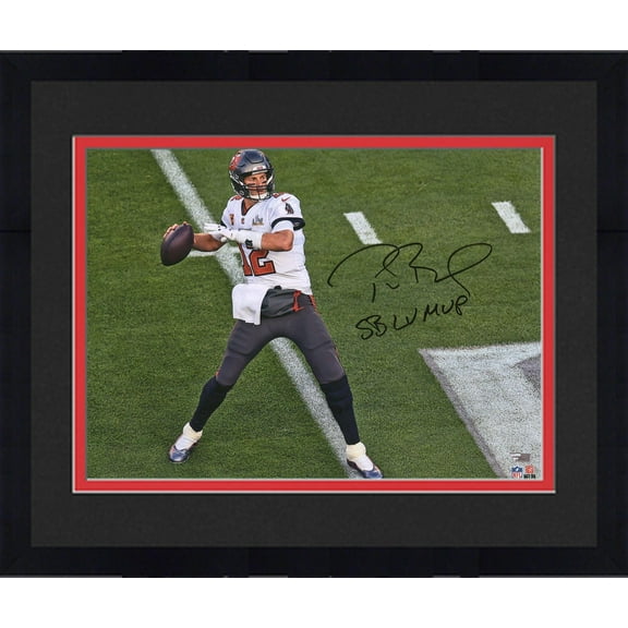 Framed Tom Brady Tampa Bay Buccaneers Super Bowl LV Champions Autographed 16" x 20" Super Bowl LV Action Photograph with "LV MVP" Inscription - Fanatics Authentic Certified