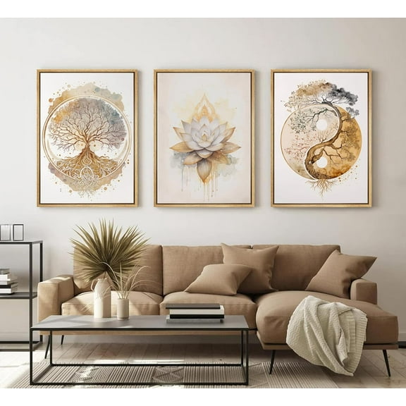 Framed Tree of Life Canvas Wall Art 3 Panels Gold Lotus Zen Abstract Yin Yang Prints Decorative Accent for Living Room Yoga Room Bedroom