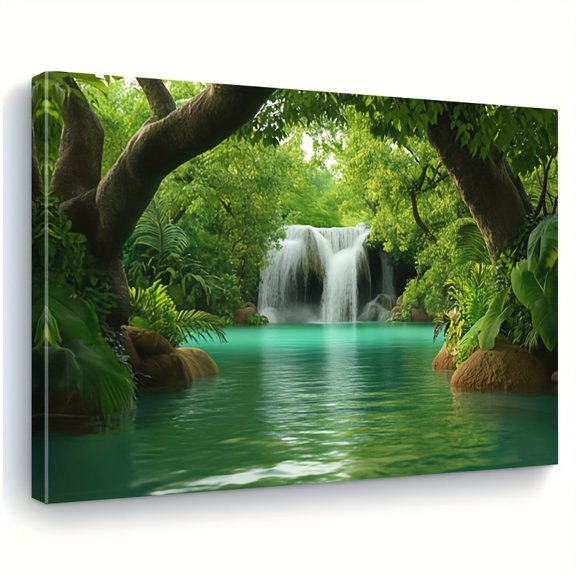 Framed Tropical Jungle Waterfall Wall Mural - Horizontal Lush Greenery & Palm Backdrop Suitable for Living Room, Bedroom, Office Decor - Jungle-Themed Hanging with Ink, No Power Needed, Unique Gift