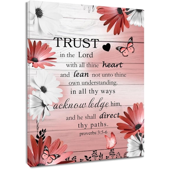 Framed Trust in the Lord Proverbs 3:5-6 Canvas Wall Art - Christian Daisy & Butterfly Floral Wall Decor, Ready to Hang Religious Scripture Prints for Living Room, Bedroom & Home