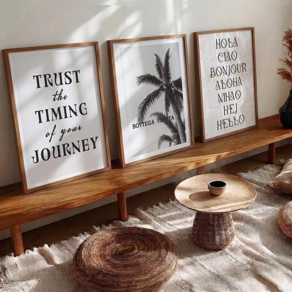Framed Typography Print Boho Minimalist Wall Art Palm Tree Print Global Hello Poster Set 3