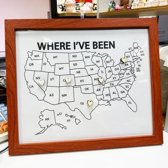 Framed USA Travel Map with 50 WoodenHeart Pins, 1311 Inch Where I've Been US Travel Map, Interactive Wall Decor Gift for Travelers, Home & RV Decoration