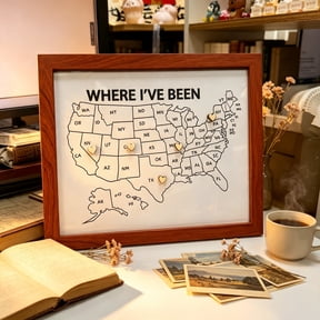 Framed USA Travel Map with 50 WoodenHeart Pins, 1311 Inch Where I've Been US Travel Map, Interactive Wall Decor Gift for Travelers, Home & RV Decoration
