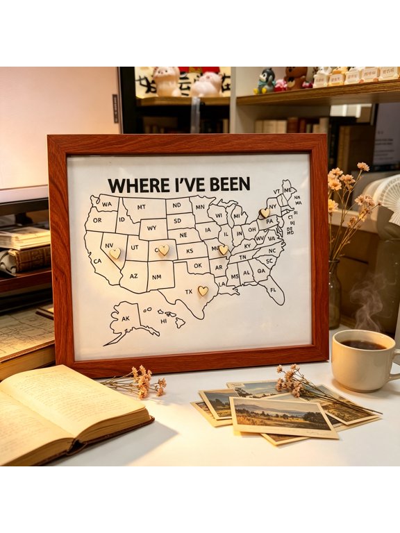 Framed USA Travel Map with 50 WoodenHeart Pins, 1311 Inch Where I've Been US Travel Map, Interactive Wall Decor Gift for Travelers, Home & RV Decoration