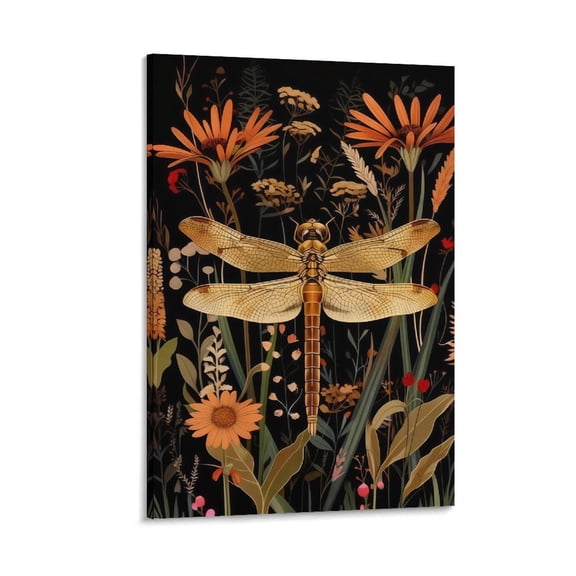 Framed Vintage 3D Textured Wall Art Dark Green Dragonfly Flowers Wall Decor Hand Drawn Sandstone Nature Botanical Paintings Pictures for Living Room Bedroom
