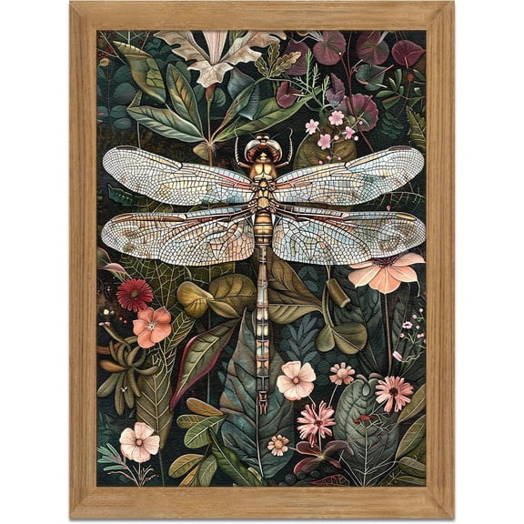 Framed Vintage 3D Textured Wall Art - Dark Green Dragonfly Flowers Wall Decor - Hand Drawn Sandstone Nature Botanical Pictures for Living Room Bedroom Home Decor 12x16in
