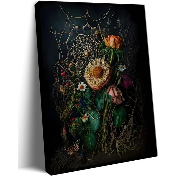 Framed Vintage Botanical Floral Spiderweb Canvas Moody Wall Art Prints Victorian Gothic Dark Academia Poster Wall Decor Aesthetic Room Art Retro Plant Oil Painting 12"x16"