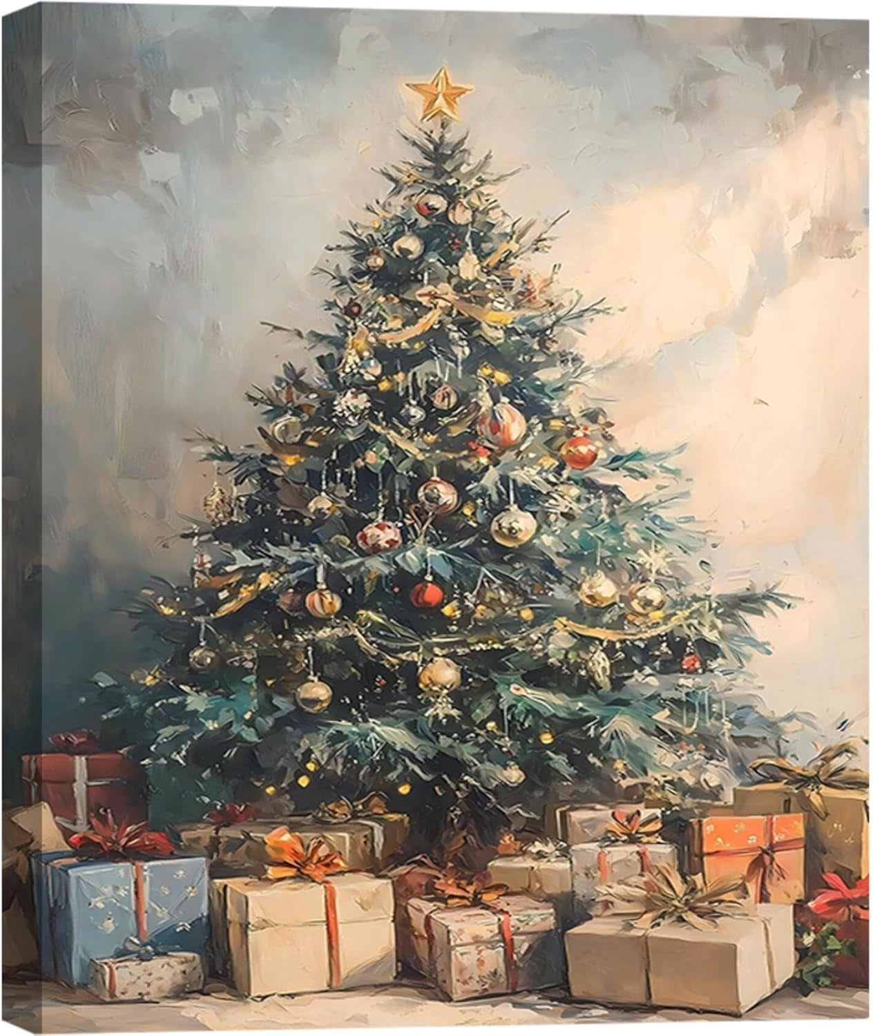 Framed Vintage Canvas Wall Art, Rustic Winter Evergreen Tree Pictures Pine Tree with Gifts Wall Decor for Kitchen, Bathroom, Room Decor Perfect for Winter, Christmas Decoration