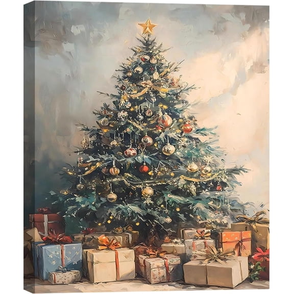 Framed Vintage Canvas Wall Art, Rustic Winter Evergreen Tree Pictures Pine Tree with Gifts Wall Decor for Kitchen, Bathroom, Room Decor Perfect for Winter, Christmas Decoration
