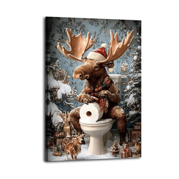 Framed Vintage Christmas Canvas Wall Art,Christmas Moose Pictures Prints Moose Sitting on Toilet Winter Decorations Painting Poster,Holiday Home Decor for Bathroom Christmas Decoration,Ready to Hang