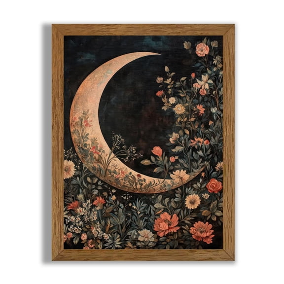 Framed Vintage Floral and Moon Canvas Wall Art, Dark Mystical Celestial Floral Wall Decor, Gothic Prints Artwork for Bedroom Living Room Office Decoration Easy to Hang