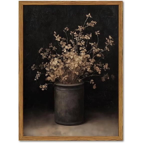 Framed Vintage Floral Wall Art, Rustic Dark Moody Flower Paintings Wall Decor, Retro Farmhouse Botanical Pictures Canvas Prints Neutral Aesthetic Home Decor for Living Room Bedroom 12x16 inch