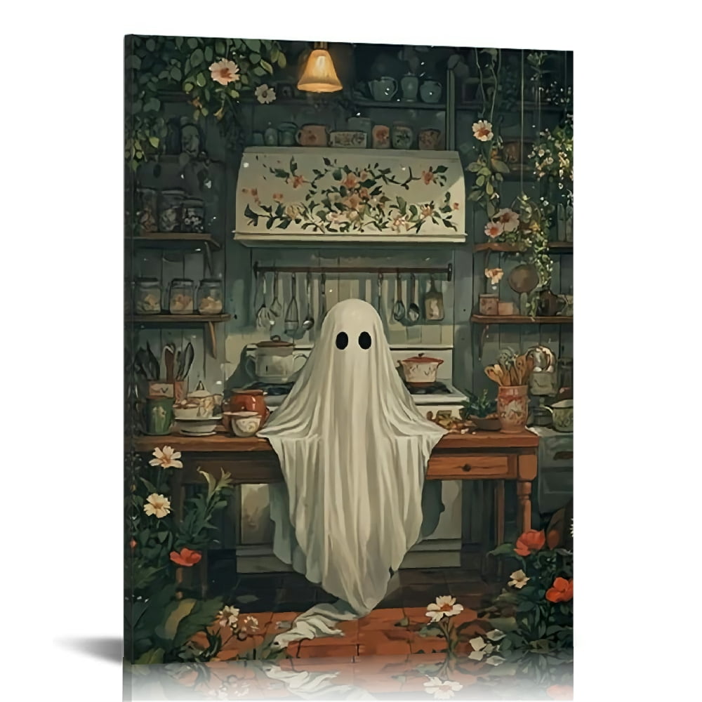 Framed Vintage Ghost Canvas Wall Art Painting - Halloween Wall Decor ...