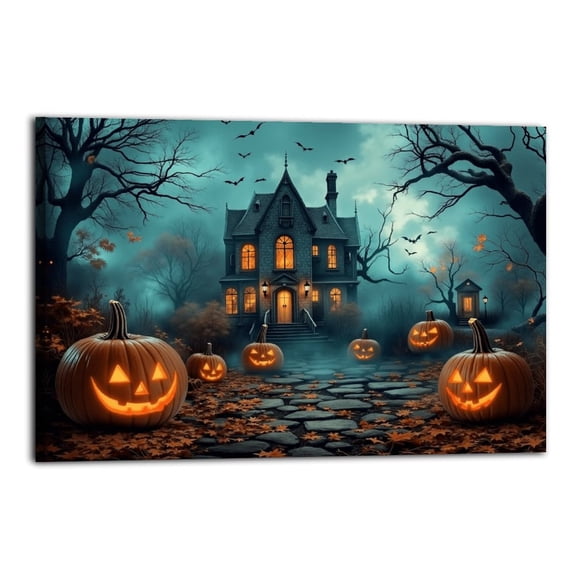 Framed Vintage Halloween Canvas Wall Art, Spooky Lighted Pumpkin Pictures Print, Dark Ghost Castle Wall Decor,Indoor Halloween Home Decor,Ready to Hang Poster