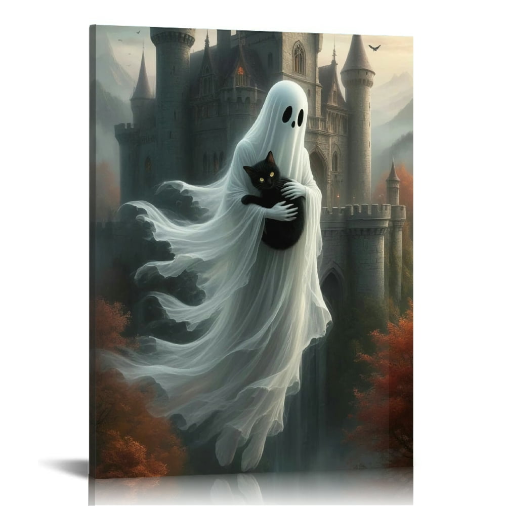 Framed Vintage Halloween Ghost and Black Cat Canvas Wall Art Painting ...