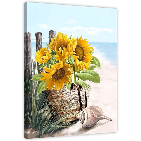 Framed Vintage Sunflower Wall Decor, Rustic Yellow Sunflower in Straw Woven Tote Bag, Beach Canvas Wall Art, Painting Artwork Prints, Modern Home Decor Ready to Hang 12X16 inch