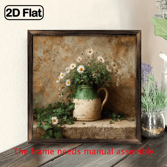 Framed Vintage White Daisies Wildflowers Painting Large 20x20cm (8x8in) Antique Vase Botanical Wall Art with Wood Frame, Minimalist Beige/Brown Tones for Living Room, Bedroom, Office Easy-Hang