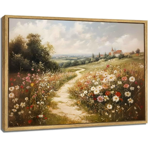 Framed Vintage Wildflower Landscape Canvas Wall Art Rustic Nature Flower painting Decor Pictures Farmhouse Nature Floral Posters Prints for Corridor Living Classroom Bedroom Decoration