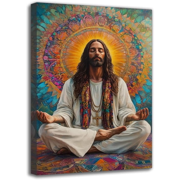 Framed Wall Art Canvas Print - A Beautiful Psychedelic Painting of Jesus Christ Meditating in a Lotus Position, Wall Decor for Living Room Bedroom Office Club (20W X 30L)