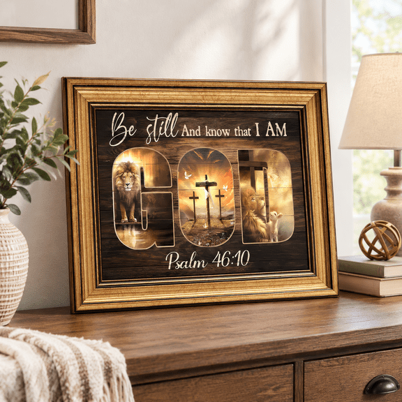 Framed Wall Art God Canvas Prints Lion And Lamb Cross Picture Decor Religioverse Artwork For Living Room Bedroom 9x11 Inch