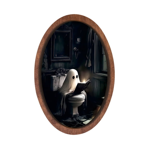 Framed Wall Art Vintage Spooky Ghost Reading Print, Wooden Oval Frame Halloween Gothic Hanging Decor for Home Bathroom Library