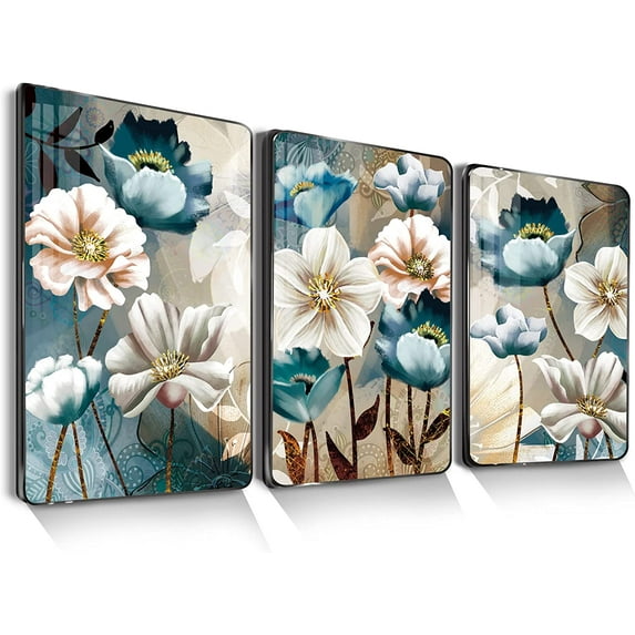 Framed Wall Art for Living Room Boho Wall Decor Blue Lotus Flower Pictures Modern Artwork for Bedroom Bathroom Kitchen Paintings for Home Decorations