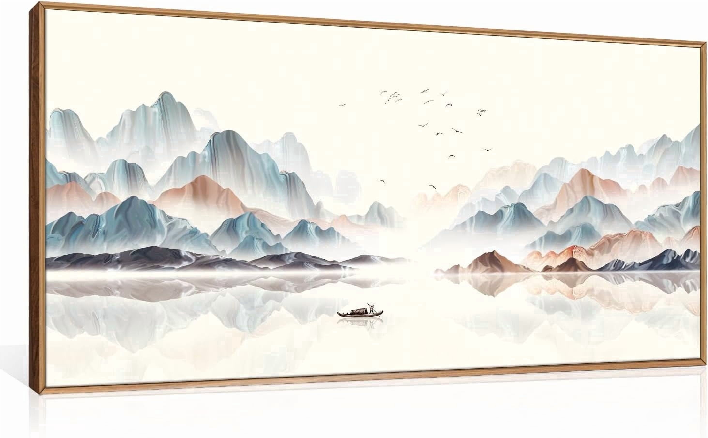 Framed Watercolor Mountain Wall Art Set Neutral Landscape with Boat ...
