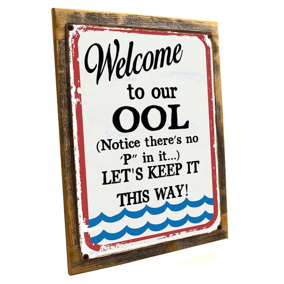 Framed Welcome To Our ool 9"x12" Metal Sign, Wall Decor for Vacation Home, Hand-Crafted from reclaimed materials