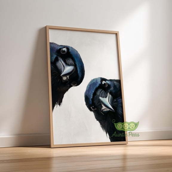 Framed Whimsical Crows Wall Art, Curious Bird Painting, Raven Portrait Print, Moody Animal Art, Modern Rustic Home Decor, Bird Lover Gift, Poster Only