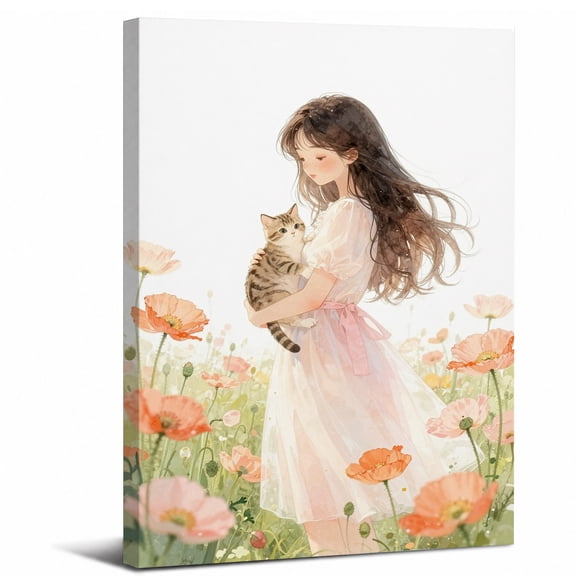 Framed Whimsical Girls Canvas Wall Art Bedroom Decor,Pastel Girl Holding Tabby Cat abstract canvas print perfect for bathroom bedroom living room
