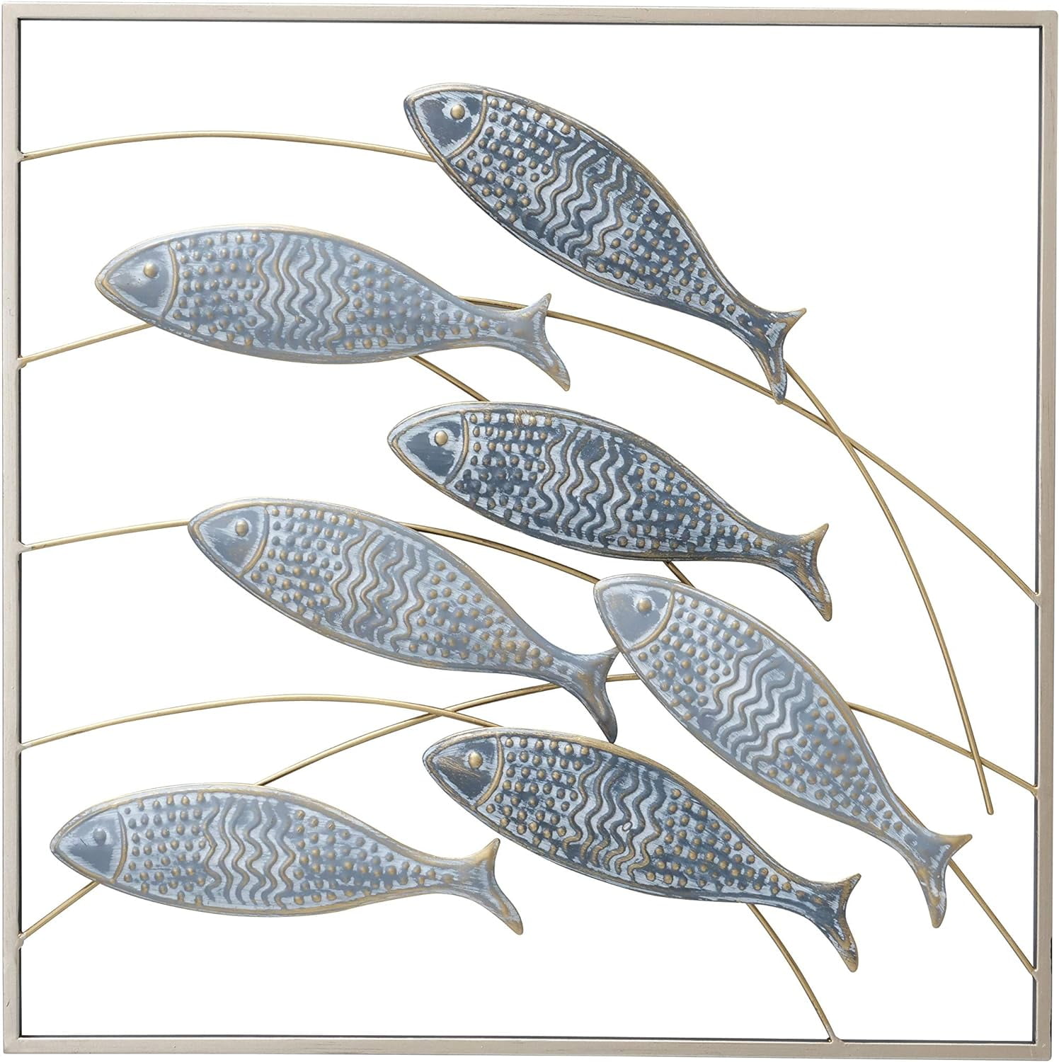 Framed Blue and Gold Metal Fish Wall Decor, 19.75 x 19.75 Inches