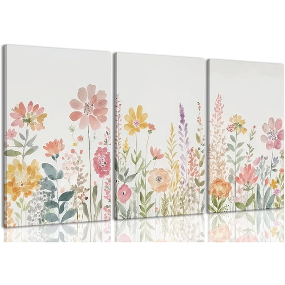 Framed Wildflower Canvas Wall Art, Floral Wall Art, Watercolor Flower Wall Decor Flowers Pictures Prints Floral Painting Set of 3 for Living Room Girls Bedroom Bathroom 12x16in