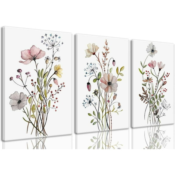Framed Wildflower Canvas Wall Art Pink Watercolor Botanical Floral Poster Prints Set of 3 Modern Minimalist Flower Pictures Home Decor Painting Bedroom Bathroom Living Room 12"x16"