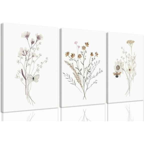 Framed Wildflower Wall Art Butterfly Bee Botanical Floral Poster Canvas Prints Set of 3 Minimalist Nature Boho Pictures Vintage Farmhouse Decor Painting Bedroom Bathroom Living Room 12x16in