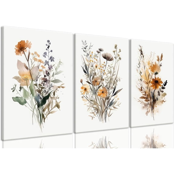 Framed Wildflower Wall Art Colorful Botanical Floral Poster Canvas Prints Set of 3 Minimalist Watercolor Flower Pictures Vintage Farmhouse Decor Painting Bedroom Bathroom Living Room 12"x16"