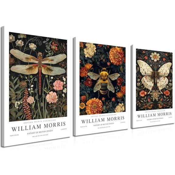 Framed William Morris Canvas Wall Art Set of 3, Vintage Animal Bee Dragonfly Wall Decor Paintings, Nature Botanical Flowers Posters Prints Pictures for Living Room Bedroom Bathroom 12x16 Inch