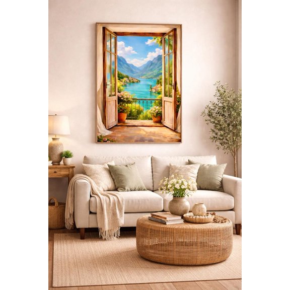 Framed Window View Wall Art – Mediterranean Lake Landscape Coastal Village Poster 8x12 UNFRAMED
