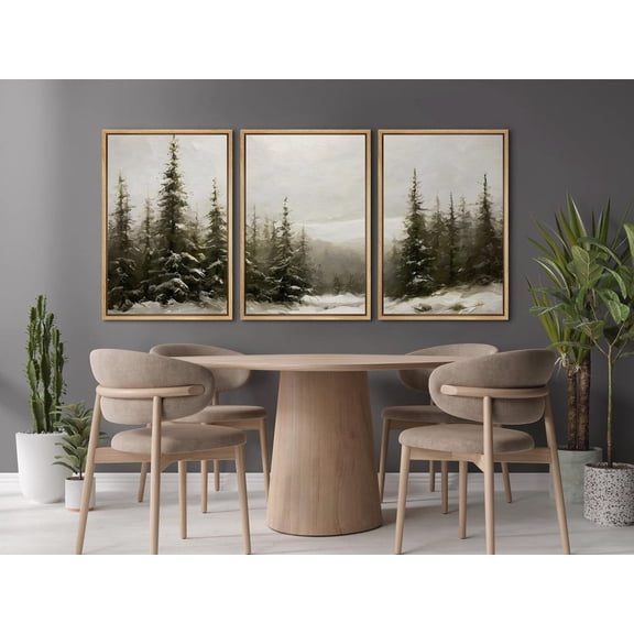 Framed Winter Pine Forest Wall Art Set of 3 Snowy Landscape Canvas Prints Tranquil Evergreen Tree Decor for Rustic Cabin Set 3