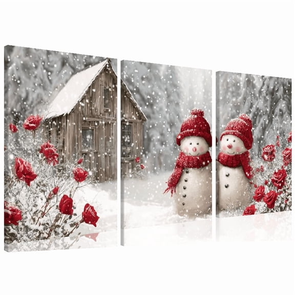 Framed Winter Snowman Scene Canvas Print - Cozy Cabin and Snowy Landscape, High-Definition Wall Art for Living Room, Bedroom, Office, Winter Wonderland Decorations 12*16inch*3pcs