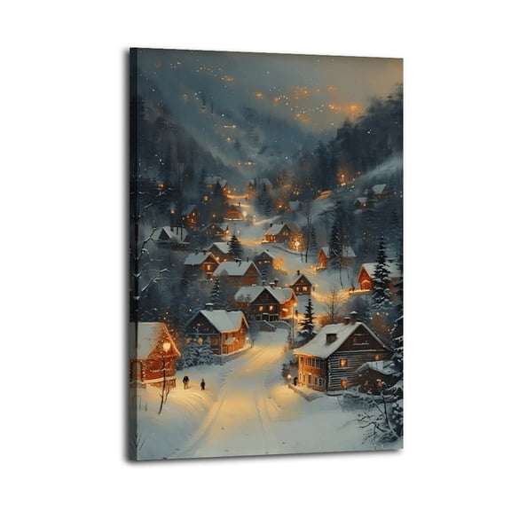 Framed Winter Village Wall Art Enchanting Snow Covered Town Houses Cozy Sene Night Wall Art Christmas Decor,Holiday Home Decor for Living Room Office Farmhouse Christmas Decoration,Ready to Hang
