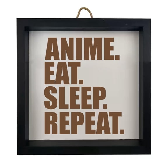 Framed Wood Sign Wall Art Home Desk Decor Gift Anime Eat Sleep Repeat (Black Frame)