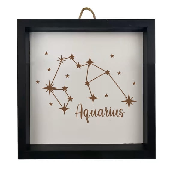Framed Wood Sign Wall Art Home Desk Decor Gift Aquarius Star Zodiac Horoscope Constellation (Black Frame)