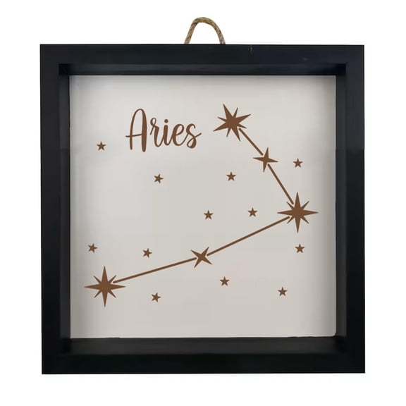 Framed Wood Sign Wall Art Home Desk Decor Gift Aries Star Zodiac Horoscope Constellation (Black Frame)