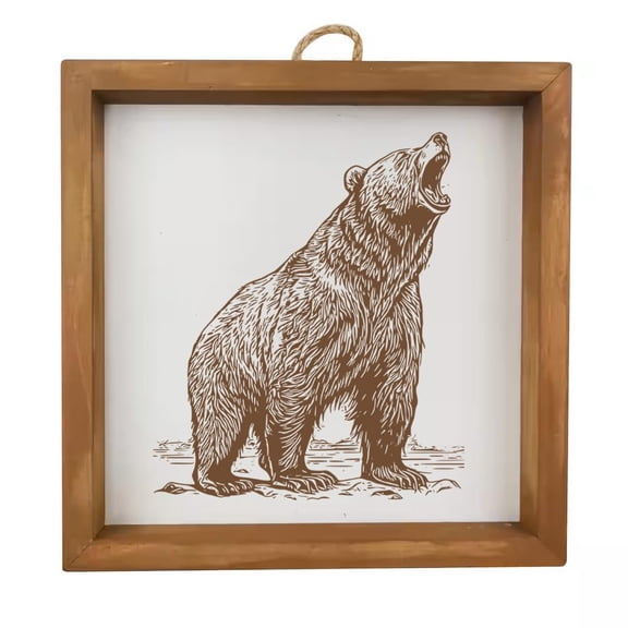 Framed Wood Sign Wall Art Home Desk Decor Gift Bear Growling (Brown Frame)