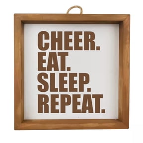 Framed Wood Sign Wall Art Home Desk Decor Gift Cheer Eat Sleep Repeat Cheerleader (Brown Frame)