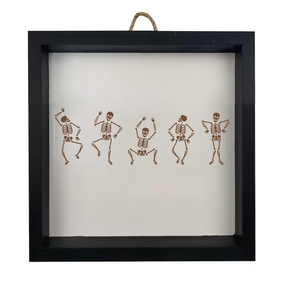 Framed Wood Sign Wall Art Home Desk Decor Gift Dancing Skeletons Halloween (Black Frame)