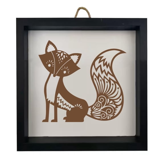 Framed Wood Sign Wall Art Home Desk Decor Gift Fancy Fox (Black Frame)