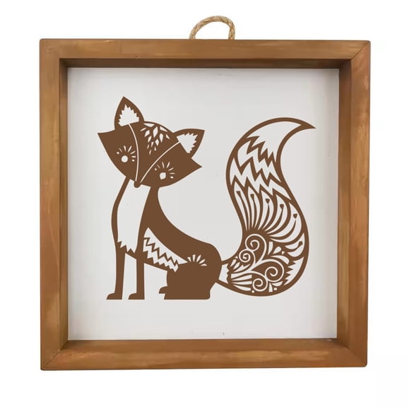 Framed Wood Sign Wall Art Home Desk Decor Gift Fancy Fox (Brown Frame)