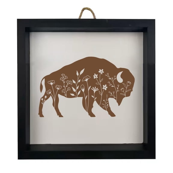 Framed Wood Sign Wall Art Home Desk Decor Gift Floral Buffalo (Black Frame)